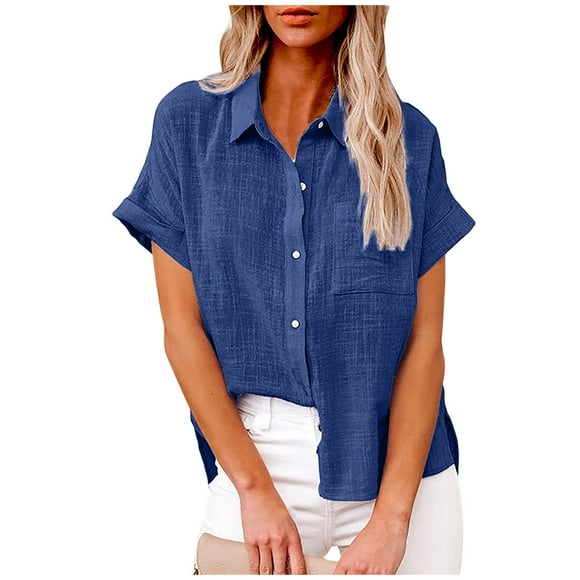 lcziwo Ladies Linen Short Sleeve Shirts,Womens Button Down Cotton Linen Shirts V Neck Roll Up Short Sleeve Blouses Loose Collared Shirt Summer Casual Work Tops Blue,M