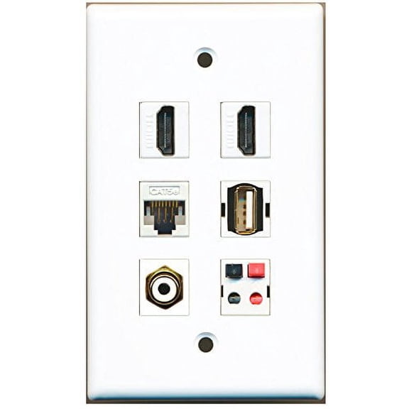RiteAV - 2 HDMI 1 Port RCA White 1 Port USB A-A 1 Port Cat5e Ethernet White 1 Port Speaker Wall Plate