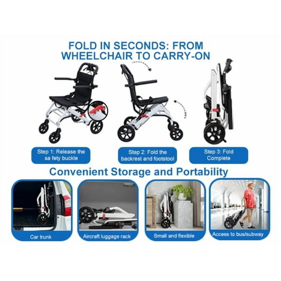 Manual Wheelchair, Lightweight Foldable Transport Wheelchair, Narrow Doorways Wheel Chair, Adults Elderly Transport Chair, Travel Wheelchair with Support 220lbs,