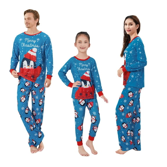 Christmas Family Pajamas Matching Set Letters Print Long Sleeve T-shirt with Penguin Snow Print Pants Sleepwear Loungewear