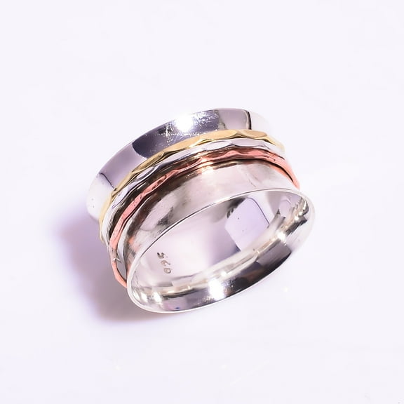 SATYAVIE JEWELLERY 925 Sterling Silver Ring for Women, Silver Meditation Ring, Spinner Ring Size US 9, Three-Tone Band Ring