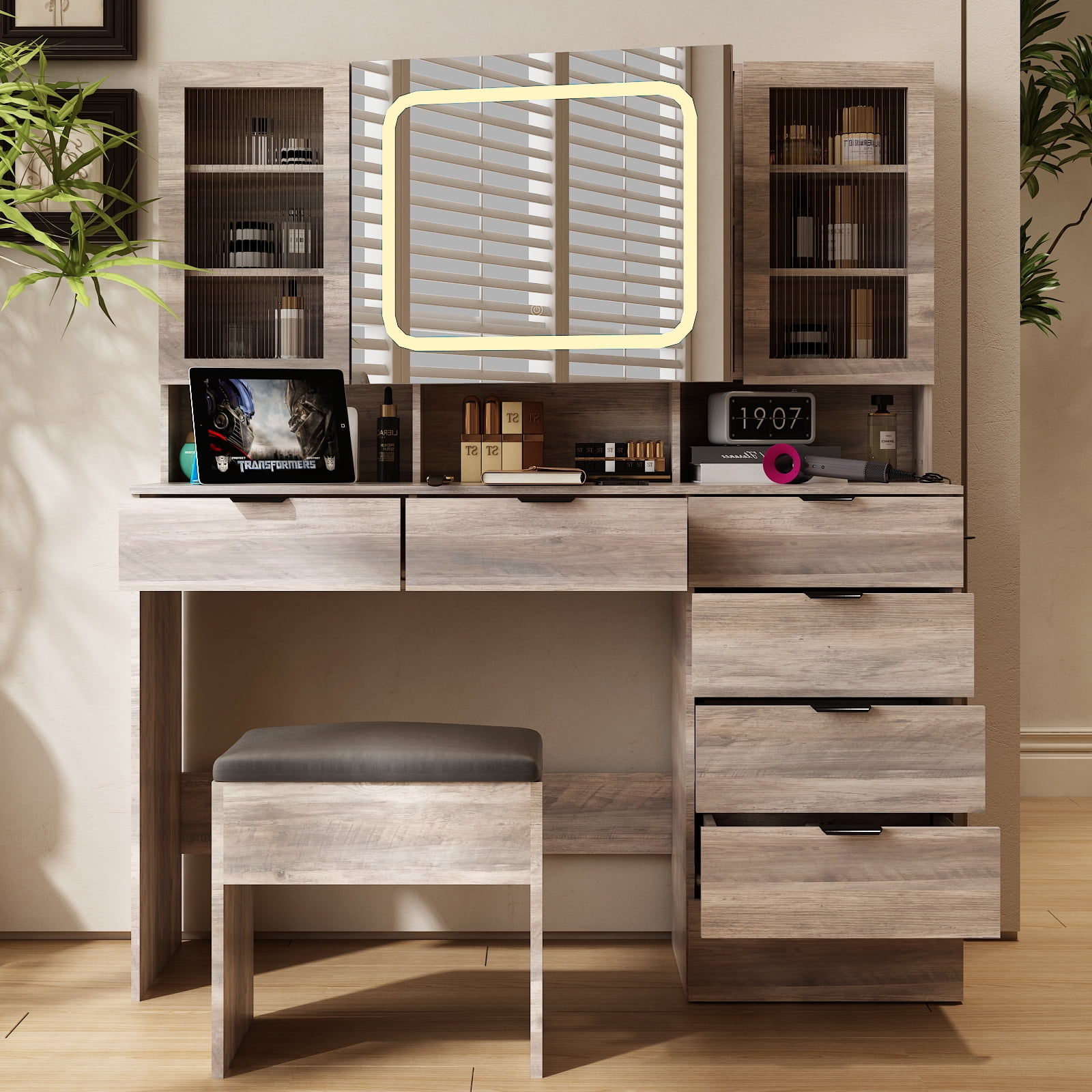 Ktaxon Large 47.24" Makeup Vanity Table Set with Hidden Storage, 7-Drawer Dressing Table, Bedroom Makeup Table, Gray