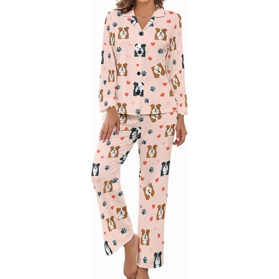 Top-kevin Pajama Sets for Womens Cute Dog Faces Hearts Loose Button Down Long Sleeve Shirts And Pants Set