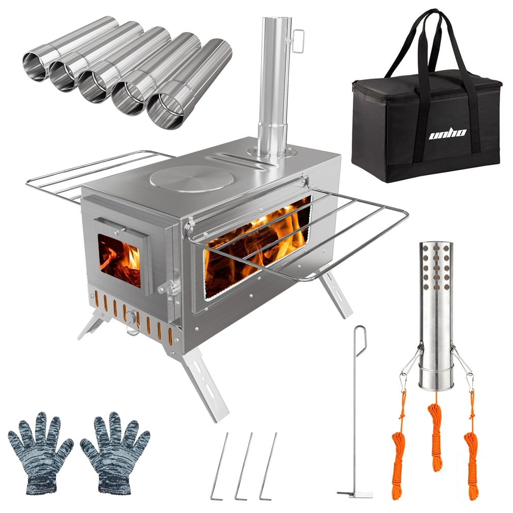 Wisfor Heavy Duty Stainless Steel Camping Wood Burning Stove Tent Stove for Outdoor Heating Cooking with Chimney, 12.2x15.75inch