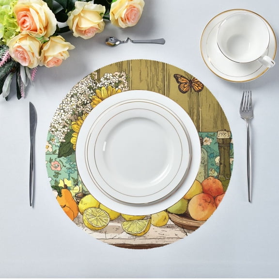 15.4" Round Placemat Set of 1 Polyester Fabric Place Mats Non-Slip Dining Kitchen Table Mats for Kitchen Party Decor Vase and Fruit Pattern