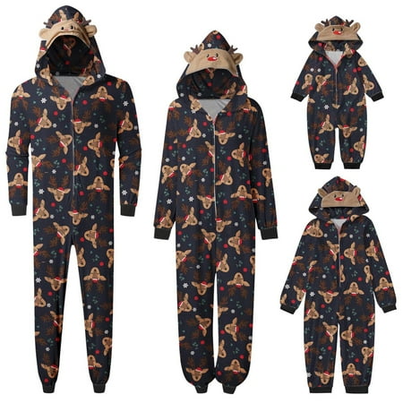 

YWDJ Matching Christmas Pajamas Parent-child Warm Christmas Set Printed Home Wear Hoodid Pajamas Moms Jumpsuit Navy(Navy Women M)