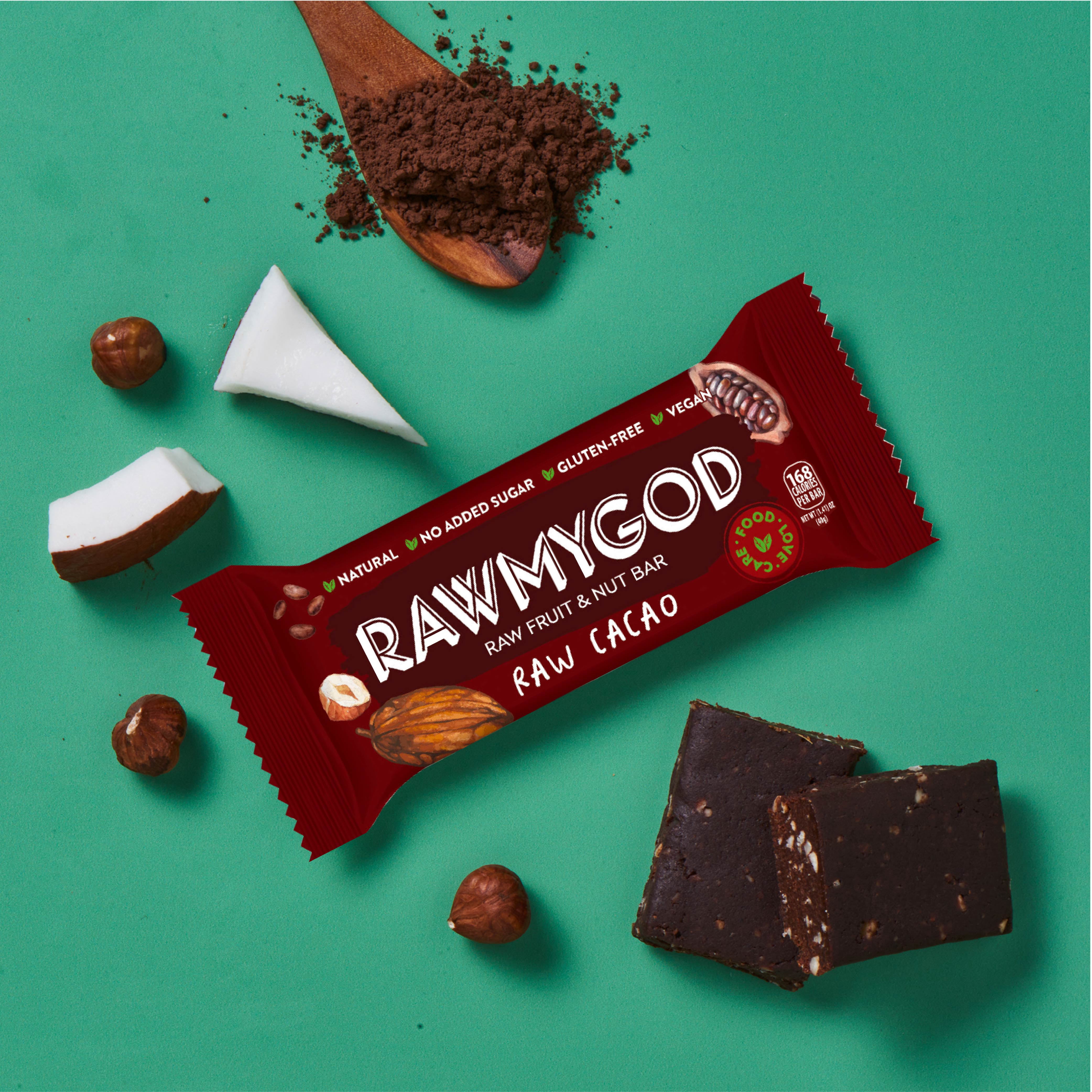 RAWMYGOD Raw Fruit and Nut Bar Raw Cacao, Gluten Free, Vegan, No Added Sugar, 16 Pack, 168 Calories per Bar