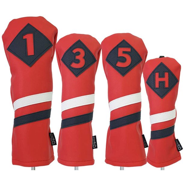 Majek Retro Golf Headcovers Red with White and Blue Stripe Vintage