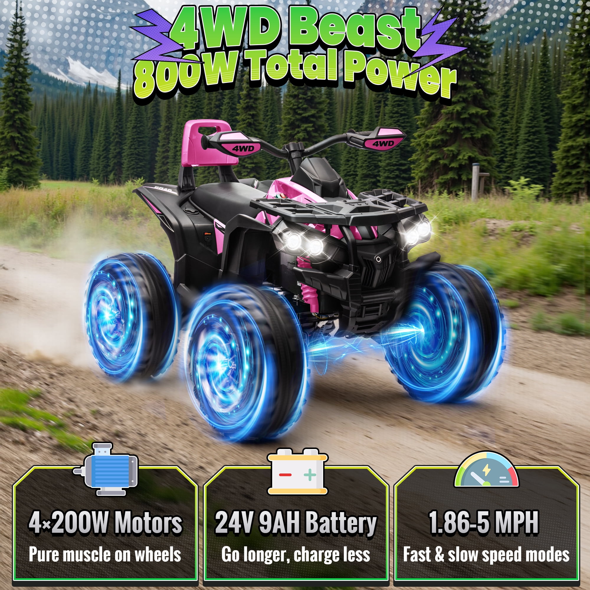 4WD 24V Ride ons ATV, Joyracer 4 Wheeler for Kids, Power Car Wheels with 4x200W Motor, Bluetooth/MP3, Horn, Music, LED for Big Kids Gift, Pink