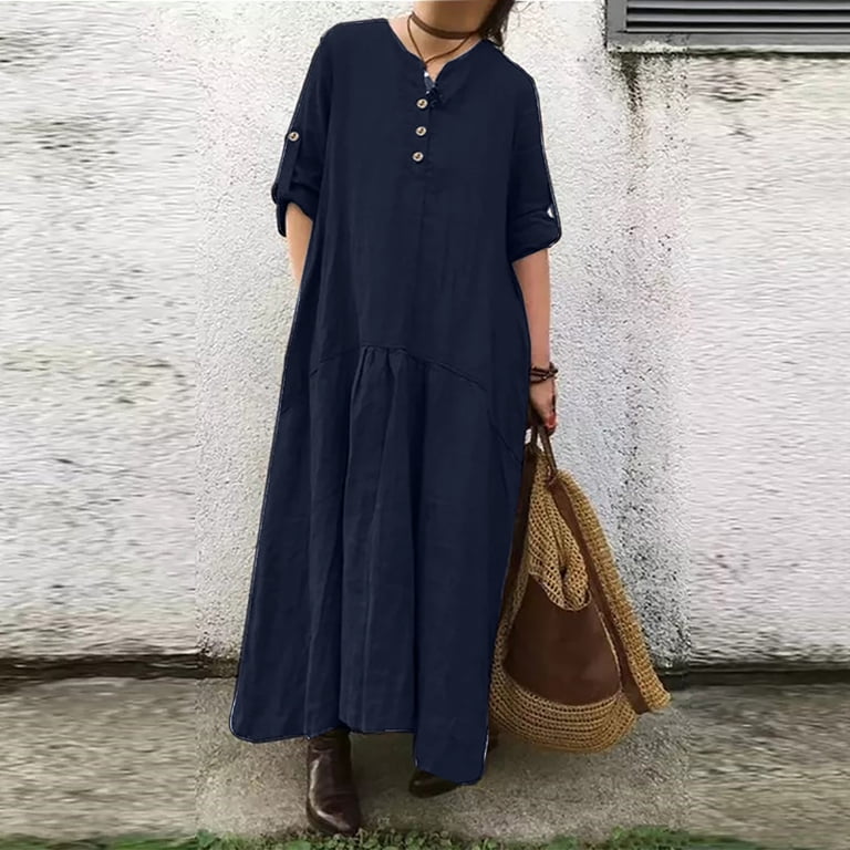 Blvb Casual Maxi Dresses for Women 3/4 Sleeve Loose Summer Cotton Linen Long Dress V Neck Button Flowy T Shirt Dress, Women's, Size: Large, Blue