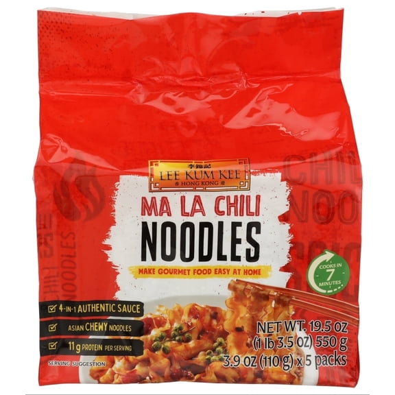 Lee Kum Kee Mala Chili Noodles (3.9 oz each, 5 Count - 1 pack) Chewy Noodles, Vegan, Spicy | Perfect for Quick Meals