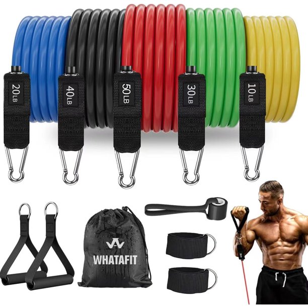 WHATAFIT Bandas de Resistencia, Bandas de Ejercicio, Bandas de Resistencia para Entrenamiento, Bandas de Entrenamiento con Asas para Hombres y Mujeres, Entrenamiento de Fuerza,16 unidades.