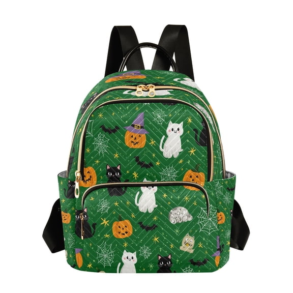 Fashion Quilted Backpack for Women Lightweight Travel Daypack Casual Bag for Shopping Travel Green Background with Cats S