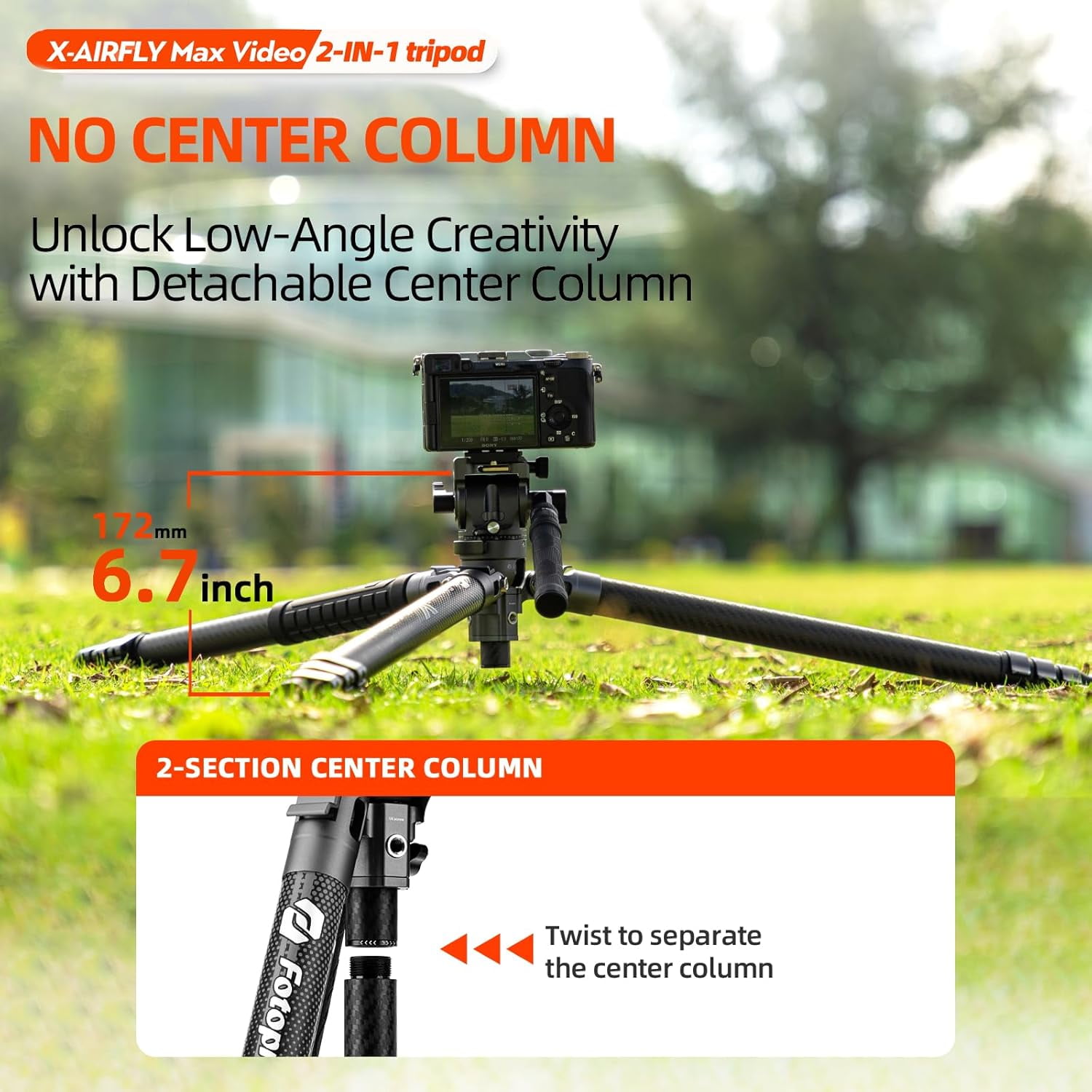 Fotopro X-Airfly Max Video 67.3" Carbon Fiber 2-in-1 Tripod and Monopod, Ball Head & Fluid Head, 4-Sec Lightweight Camera Tripod Stand, Macro Photography, Hidden Phone Clip, Max Load 13 lbs, Grey
