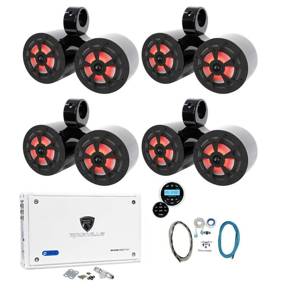 4 Rockville Dual 6.5" Marine Wakeboard LED Speakers Receiver Amplifier Amp Kit