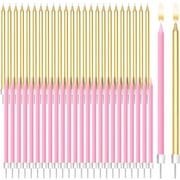 48 Count Pink Gold Strip Long Thin Birthday Cake Candles with Holder Bulk Set, for Women Birthday Anniversary Party Decoration Celebration