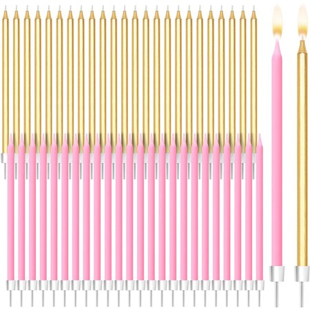 48 Count Pink Gold Strip Long Thin Birthday Cake Candles with Holder Bulk Set, for Women Birthday Anniversary Party Decoration Celebration