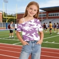 thumbnail image 5 of Virmaxy 5-14 Years Como Printed One-Shoulder Top Cold Shoulder Casual Top Loose Short Sleeve T-Shirts for Casual Daily and Summer Wear, 5 of 9