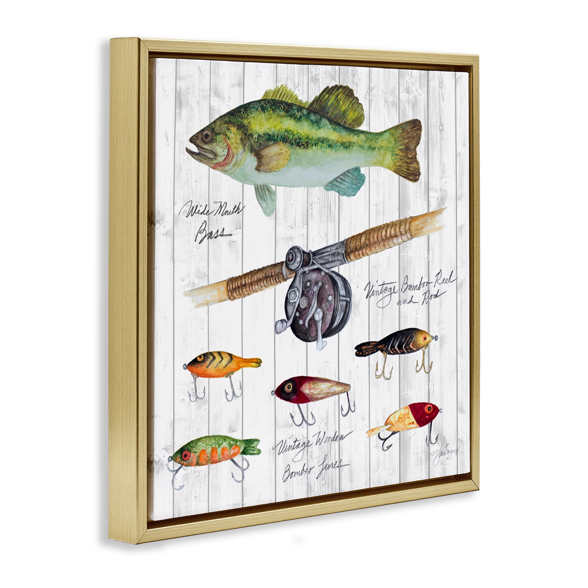 Stupell Industries Fishing Lure Diagram Nautical & Beach Painting Gold Floater Framed Canvas Art Print Wall Art, 25 x 25