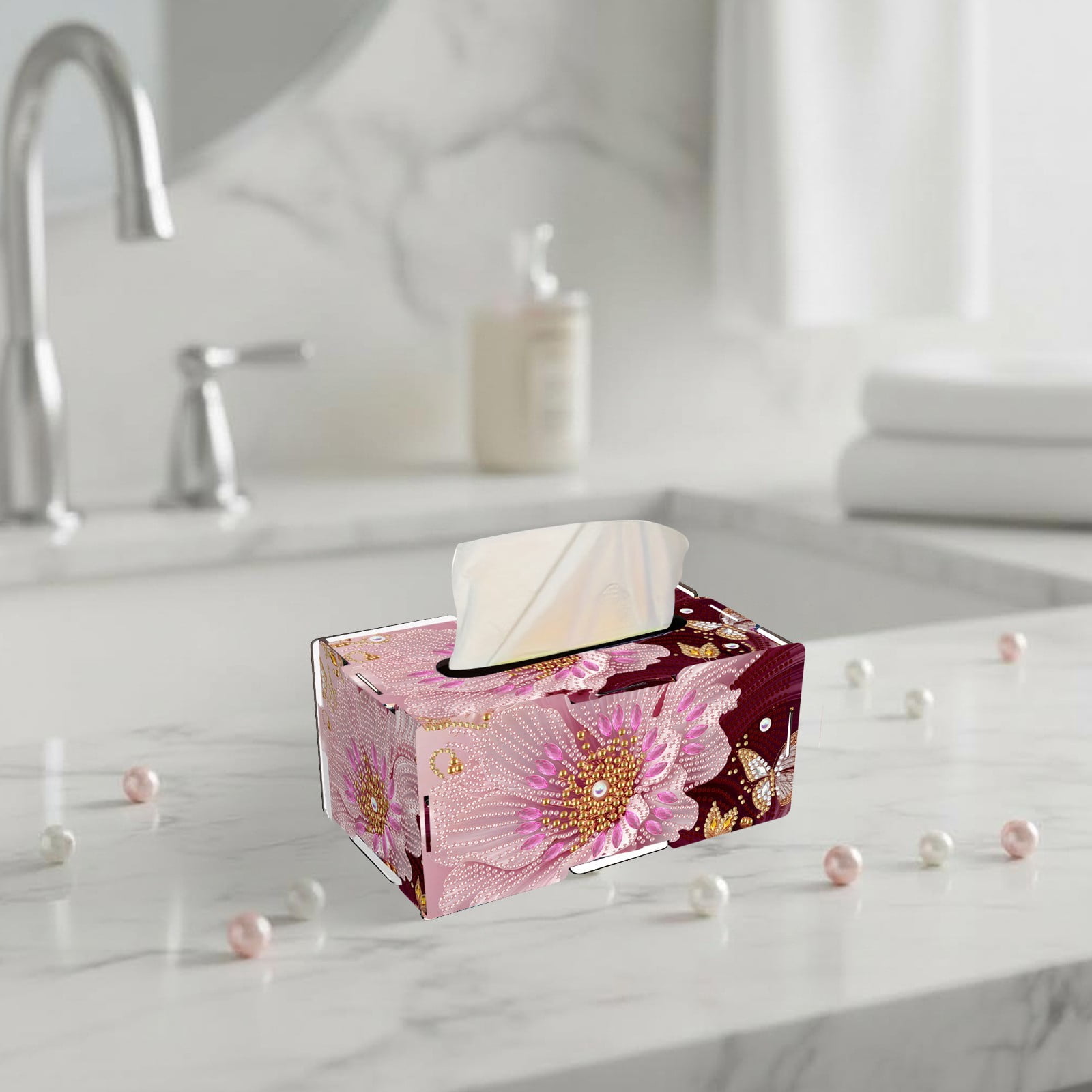 FLOPESN DIY Diamond Art Painting Flower Tissue Box – Wooden Storage Box with Crystal & Pearl Diamonds, Decor Craft Kit for Bedroom, Living Room (8.86 x 5.31 x 4.13 in)