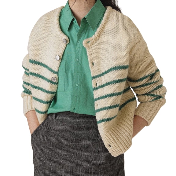 Ediodpoh Women's Autumn Winter Elegant Retro Button Loose Striped Knitted Womens Cardigan Jacket Sweater Green