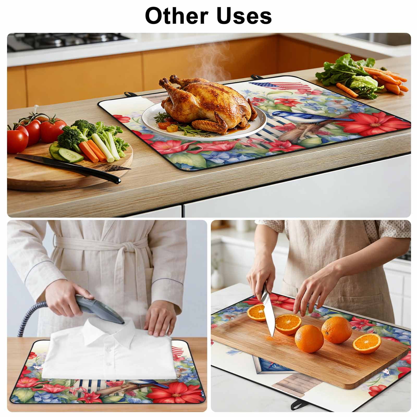 4th of July Stove Top Cover for Electric Stove, Heat-proof & Non Slip Glass Top Stove Cover Protector, Independence Day Floral Birds American Flag Kitchen Flat Cooktop Rubber Mat 24x21 Inches