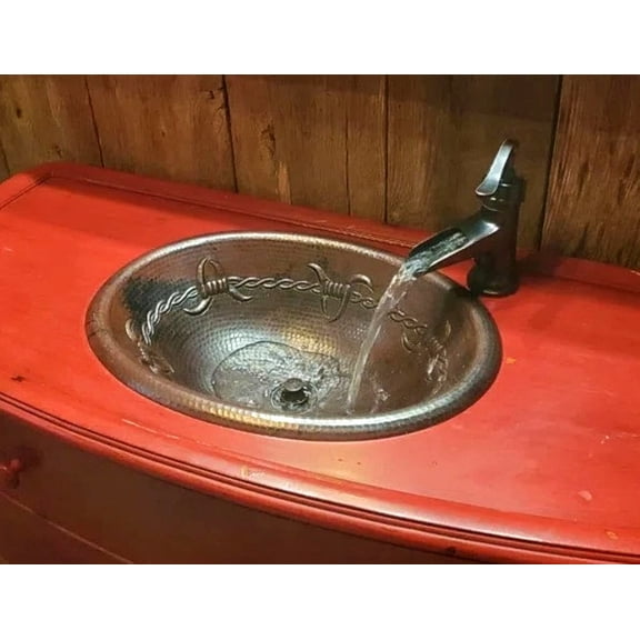 16" Oval Copper Bathroom Sink with Barbed Wire Design
