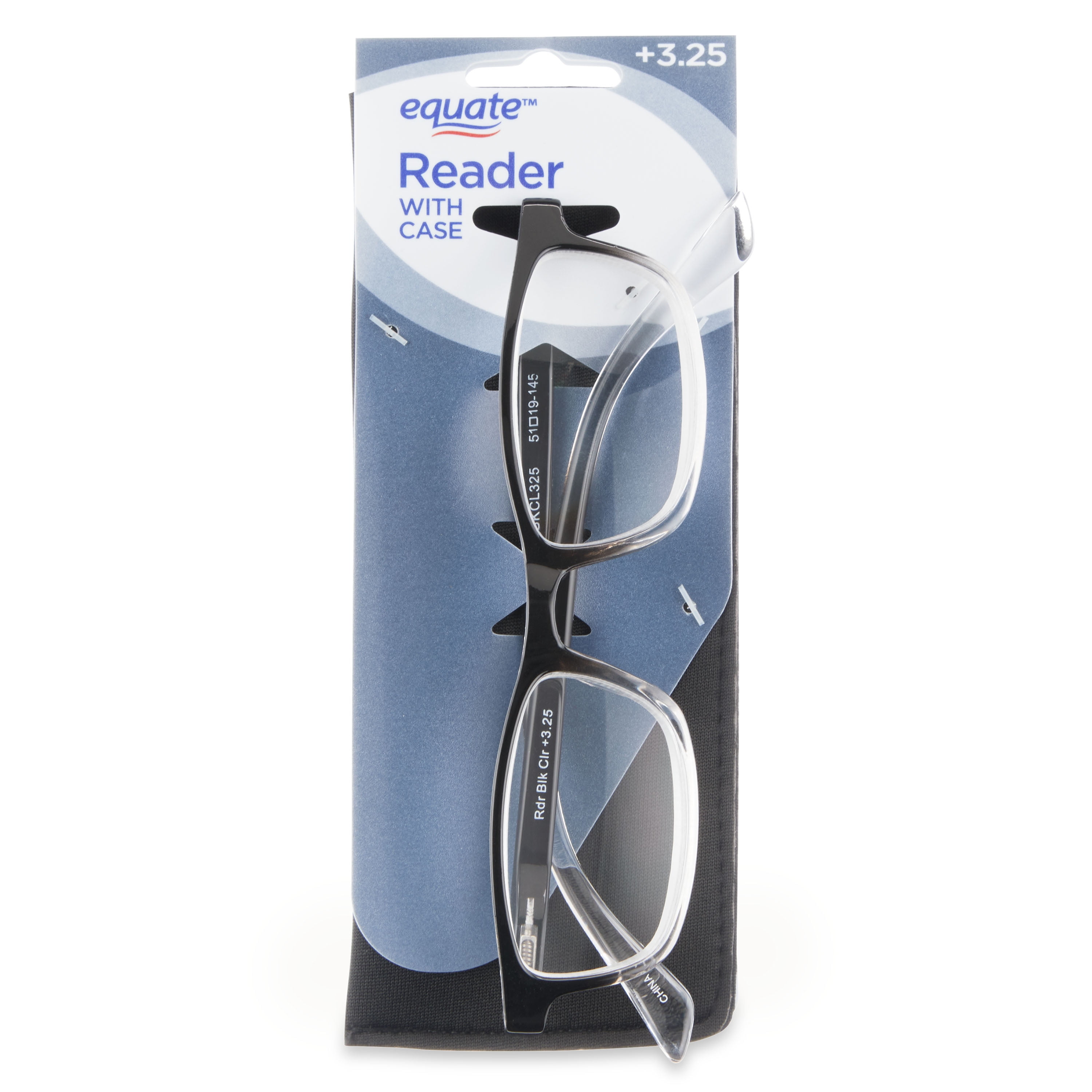 (2 pack) Equate Unisex Full Rim Reading Glasses, Plastic Lens, Black/Clear, with Case, +3.25 Magnification