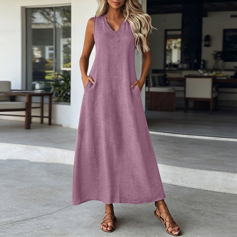 cute summer knit dresses Rggeeun Women'S Dresses Solid Color Sleeveless V-Neck Knit Elastic Loose Fit Ankle-Length Elegant With Side Pockets For Summer Office Stylish