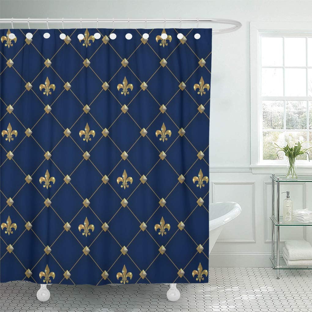 ATABIE Yellow Vintage Fleur De Lis on Blue Pattern Shower Curtain 66x72