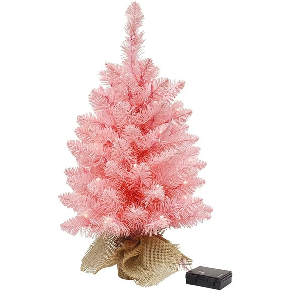 Guvpev 24" Small Christmas Tree with Lights, Holiday Artificial Flocked Pink Mini Christmas Tree Decoration with 50 Warm White LED Lights and Cloth Bag, Home Holiday Table Centerpieces Indoor Use