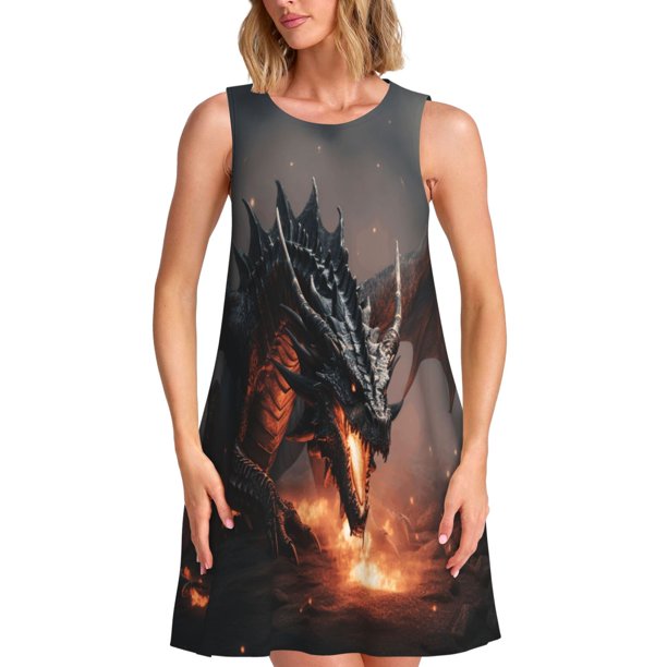Disketp Fiery Black Dragon Attack para Vestido sin Mangas para Mujeres, Vestidos de Verano para Mujeres, Casual y Holgado para la Playa