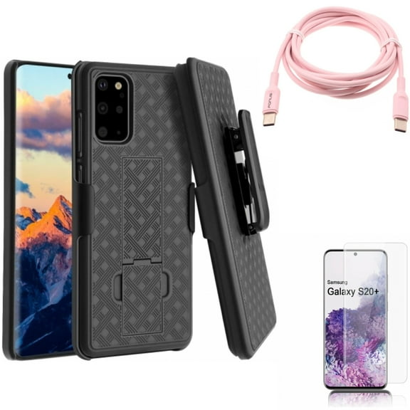 Case Belt Clip w Screen Protector w Pink 6ft Long Cable for Samsung Galaxy S20 Plus - Holster Swivel Cover, Tempered Glass [Fingerprint Unlock] 3D Curved Edge, USB-C to Type-C PD fits Galaxy S20 Plus