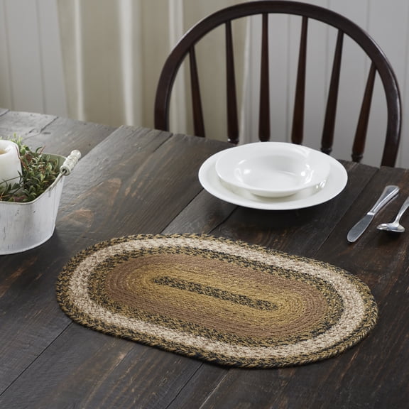 VHC Brands Kettle Grove, Dining Table Placemat, Braided Jute, Oval, Tan & Black, 12x18