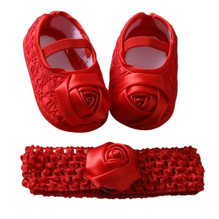 

Seyurigaoka Baby Girls Flat Shoes Headband Soft Sole Newborn Infant Toddler Rose Flower Wedding Dress Walking Shoes