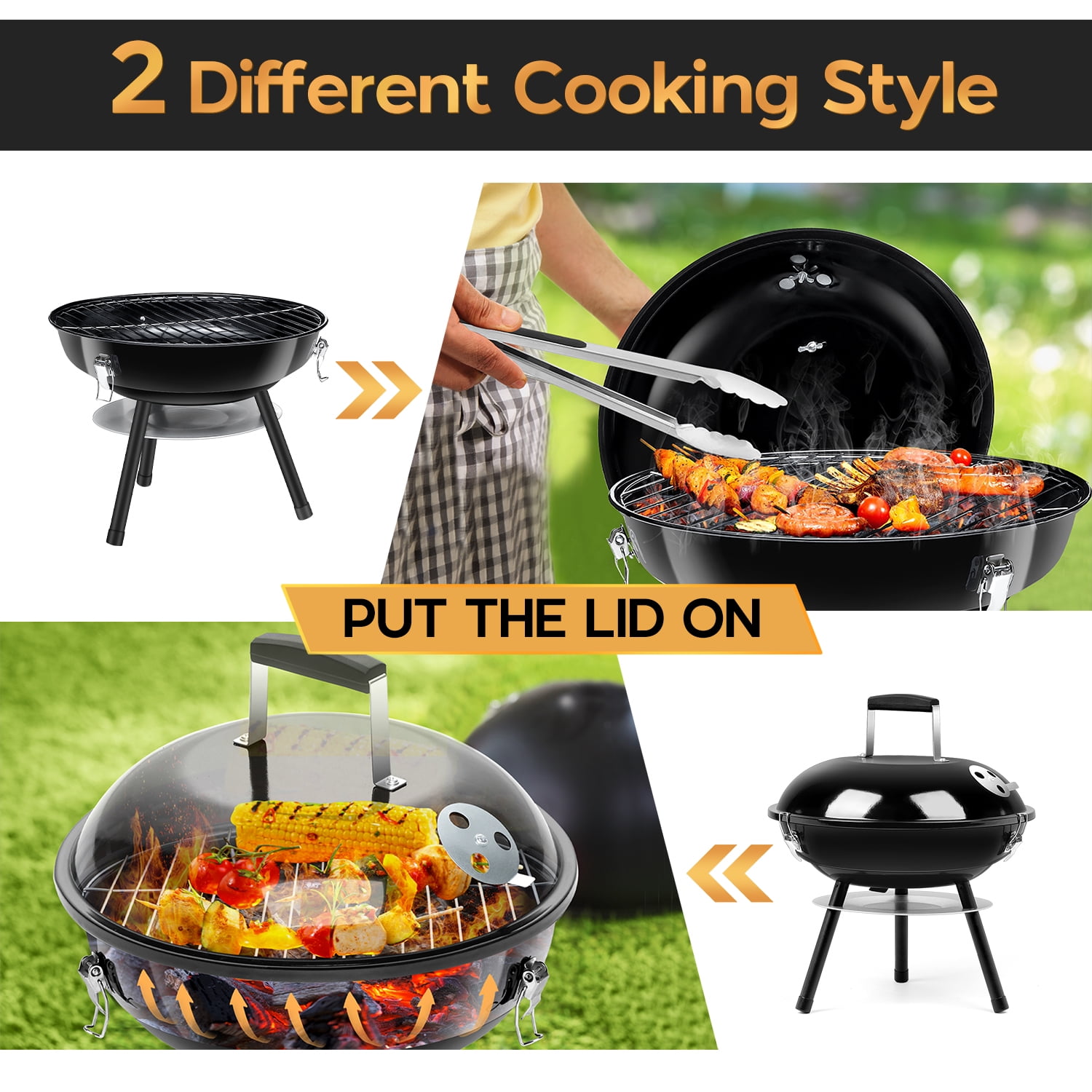 Coliware 14 inch Portable Charcoal Grill, Lightweight Enamel Coated Coal Kettle Smoker with 3-Point Locking Lid 2 Grilling Racks Dual Venting System, Tabletop Barbecue Oven for Outdoo