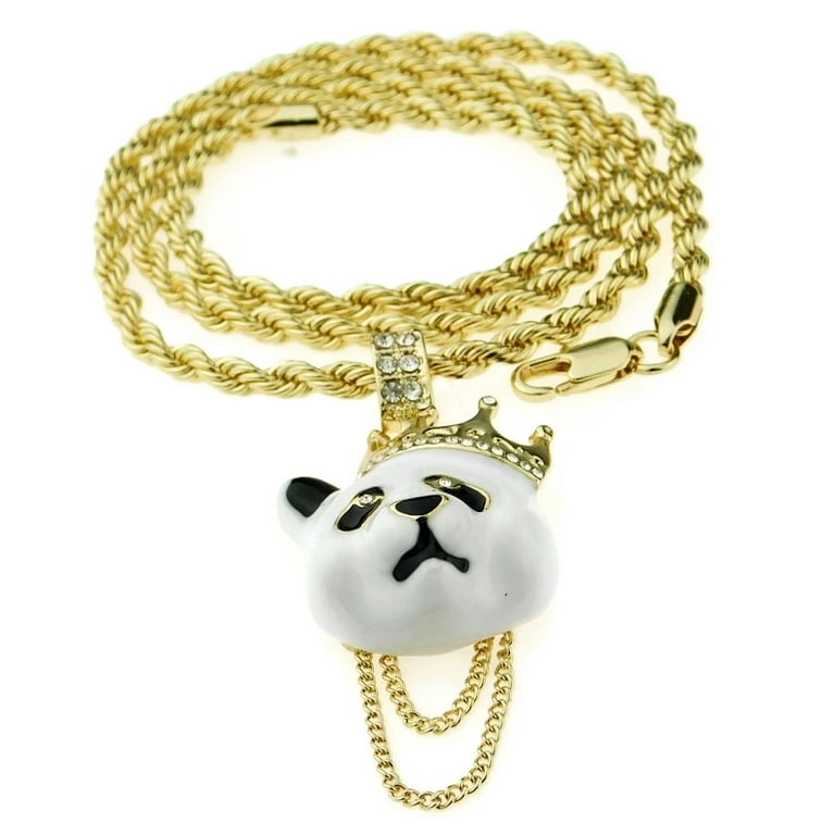 Crown Panda 24 inch Rope Chain Bear Bling Pendant White Head Gold Finish Hip Hop Necklace, Adult Unisex