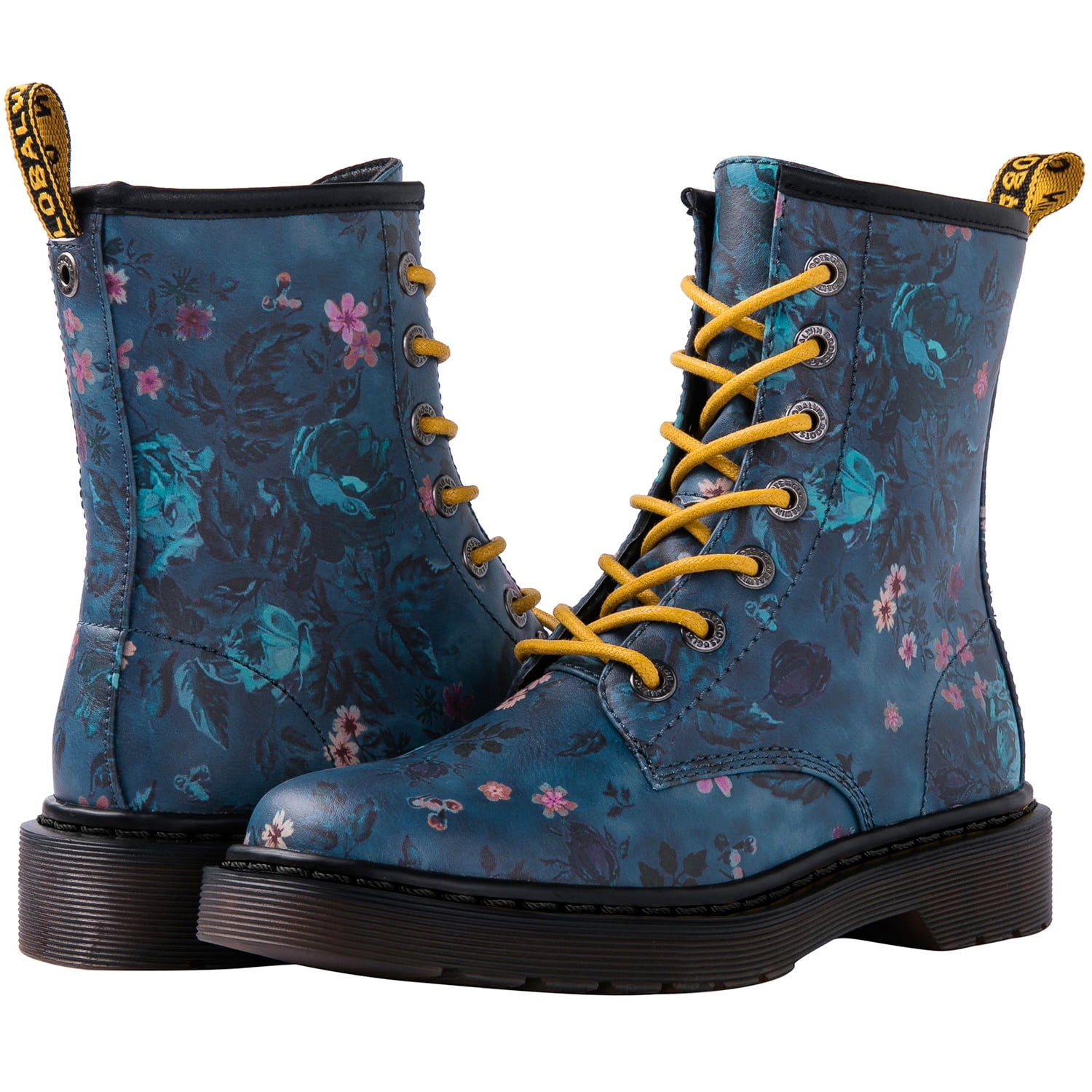 GLOBALWIN Women's Laceup Blue Floral Print Ankle Bootie Military