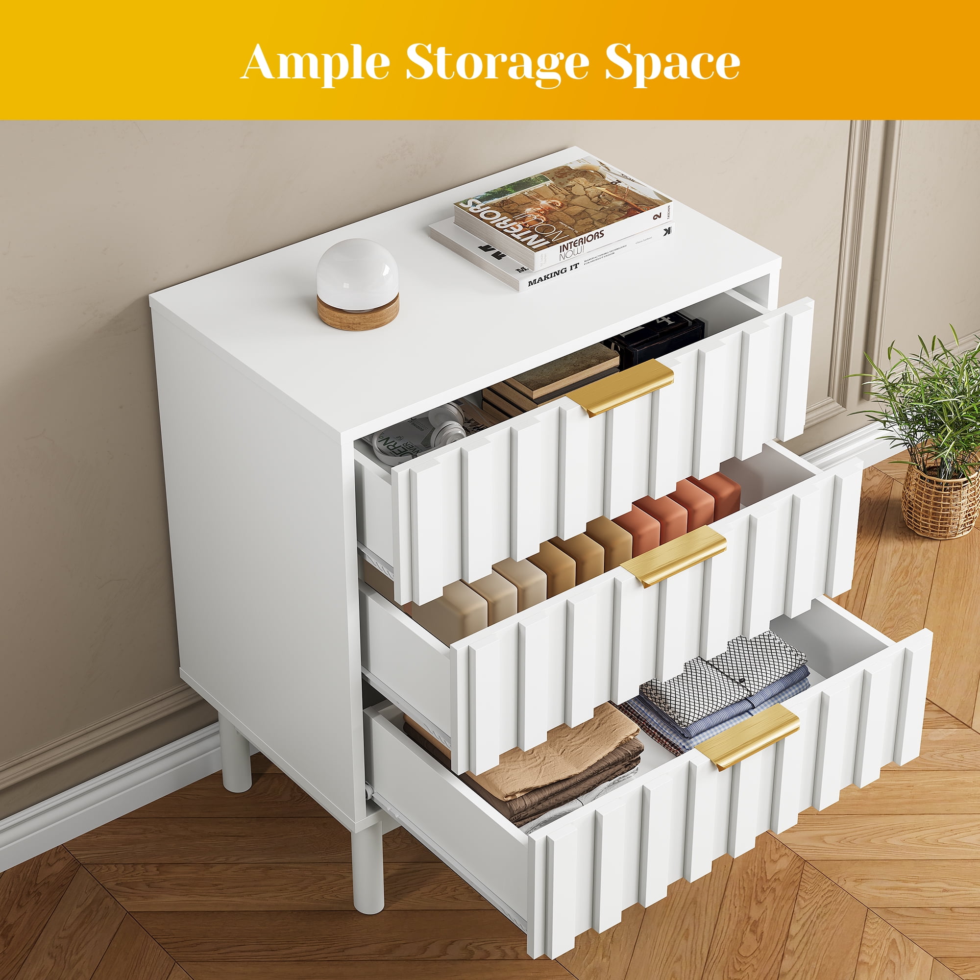 3 Drawer Dresser with Fluted Panel Design, Modern Wood Chest of Drawers with Chic Edge Pull, Large Nightstand Side Table, Wood Storage Organizer for Bedroom, Living Room, Entryway