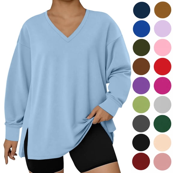 Hzzrkos Plus Size Sweatshirts for Women V Neck Long Sleeve Pullover Side Slit Tunic Top Casual Loose Fit Sweatshirt Lightweight Everyday Fall Winter Top Blue#1 XXXXL