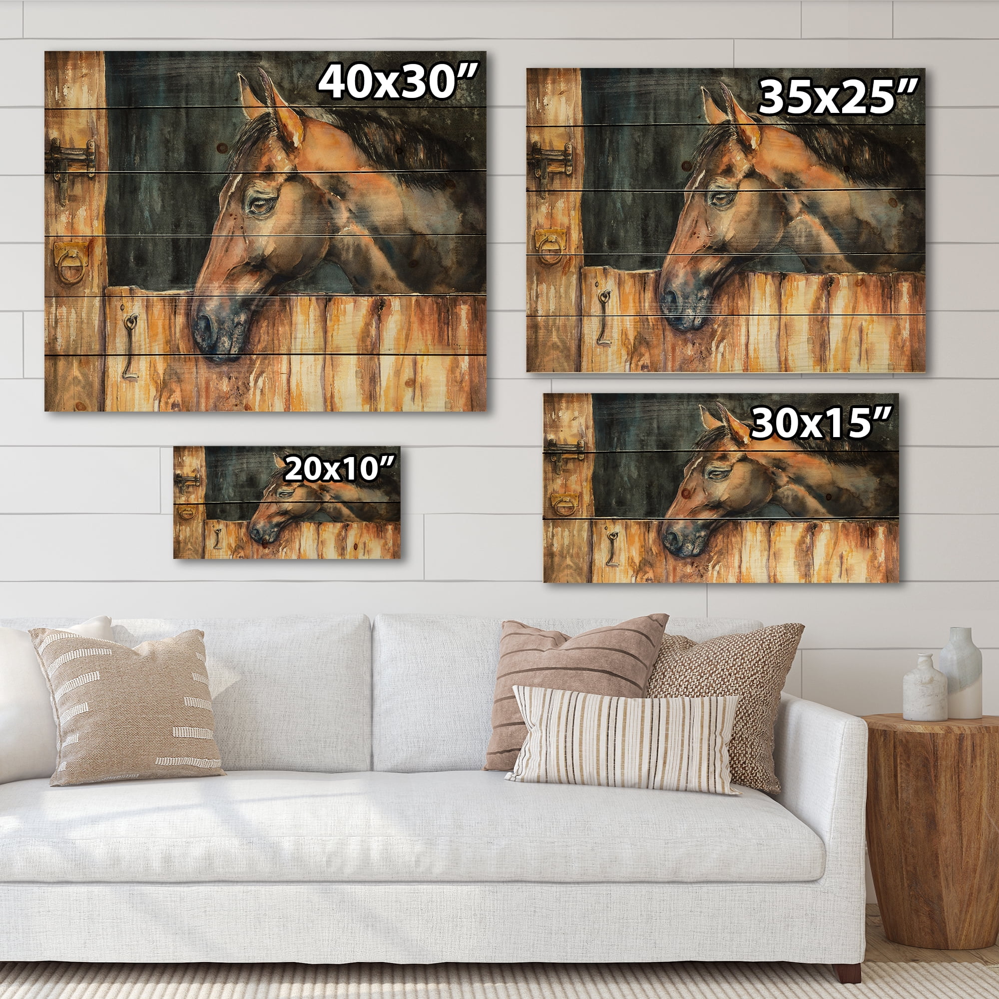 Designart 'Close Up Of The Head of A Horse In Stable' Farmhouse Print on Natural Pine Wood