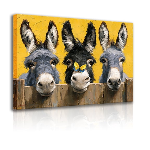 Fun donkey peeking through a fence canvas wall art decorative frame, farm animal poster, rustic barn home decoration.