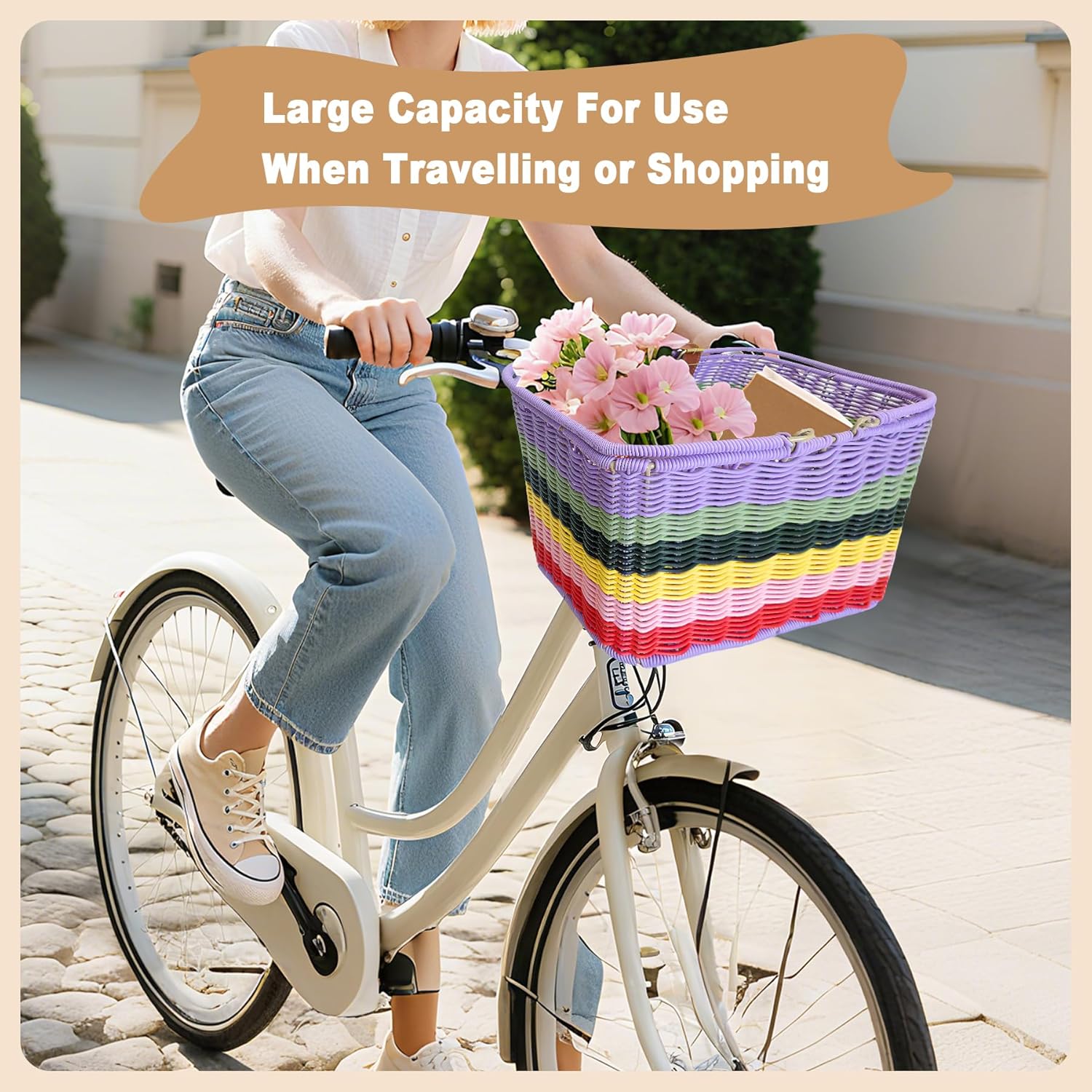 Bike Basket Front, Large Wicker Baskets, Hand-Woven Bicycle Basket with Iron Framework, Detachable Front Handlebar Basket