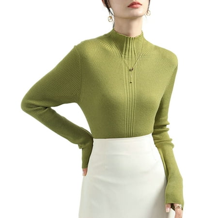 

JANGSLNG Women Fall Winter Top Half-high Collar Long Sleeve Slim Fit Elastic Knit Solid Color Pullover Striped Texture Soft Casual Warm Lady Autumn Sweater Bottoming Top