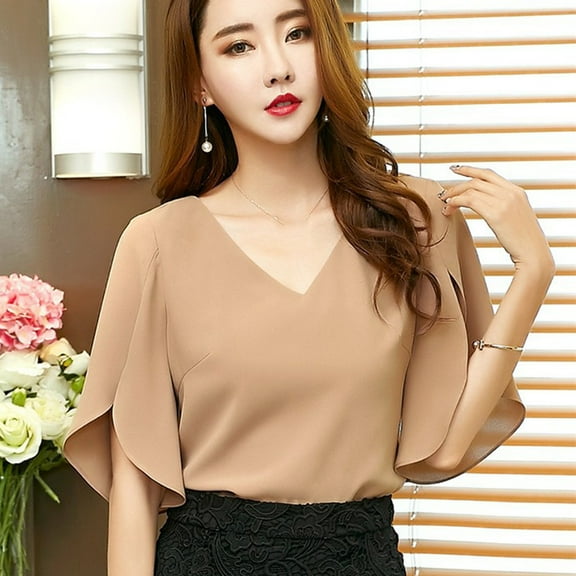 ICHUANYI Chiffon Women Half Sleeve Butterfly Sleeve Blouse Solid V-Neck Casual Tops