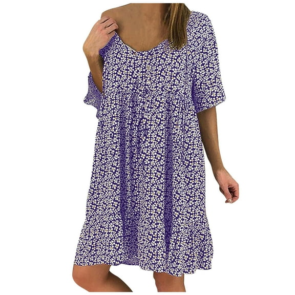 Fesfesfes Womens Dress Solid Color V Neck Spring Tunic Dress Loose Casual Short Sleeve Vacation Beach Dress