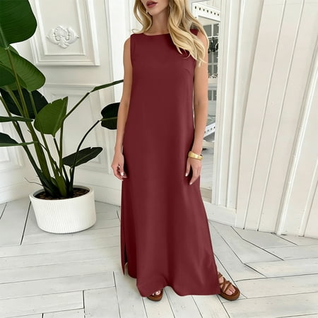 Mifsaly Womens Summer Dresses Sleeveless Linen Dress Maxi Lightweight Flowy Beach Vacation Travel Spring Summer Outfits M