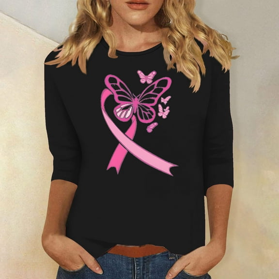 Alkepwun Cancer Shirt Women Breast Cancer Awareness Shirt Casual Butterfly Pink Ribbon Graphic Tee 3/4 Sleeve Tops