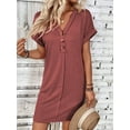 thumbnail image 2 of Women's Summer Dresses Fashion Solid Colour Dress Buckle V Neck Shoulder Rolled Sleeve Shirt Casual Fit Vacation Sundress (Red,Medium), 2 of 2
