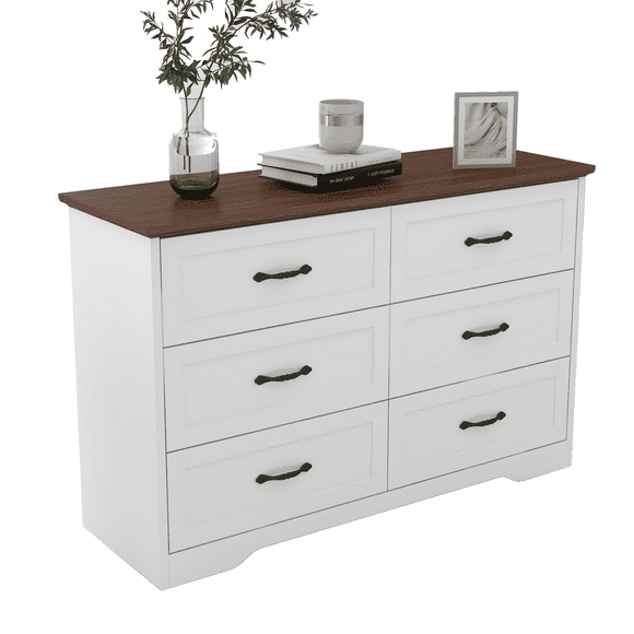 Dresser with 6 Drawers, Dresser for Bedroom with Large Storage Space, Storage Drawers with Metal Handle, Chest of Drawers for Living Room, Hallway, Brown/White